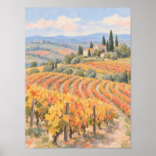 Póster Paisaje de viñedo otoñal con cipreses