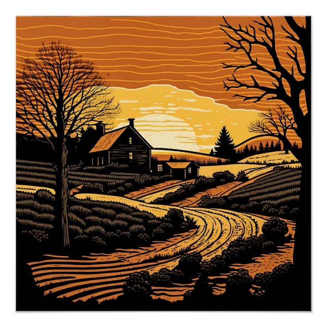 Póster Paisaje de Woodcut (Anverso)
