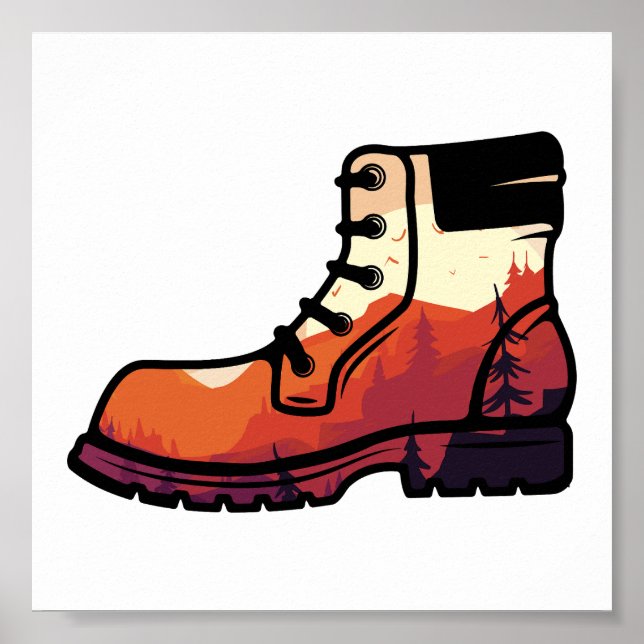 Póster Paisaje de zapatos de excursión retro - atardecer  (Frente)
