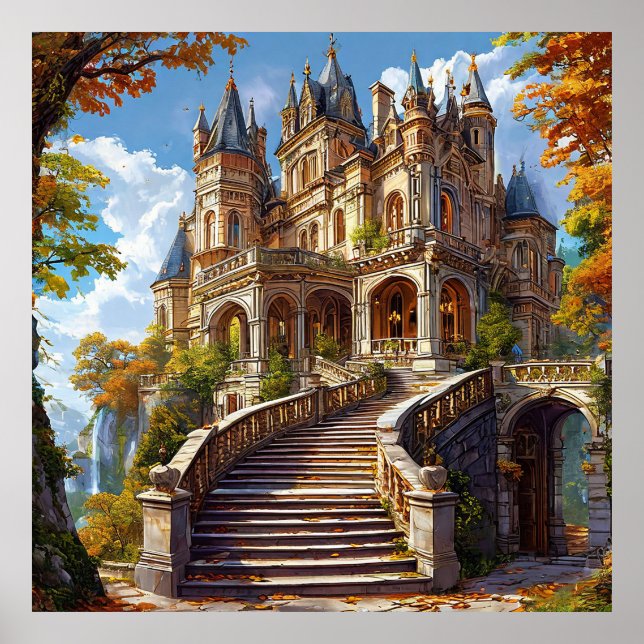 Póster 🏰 Paisaje del Castillo de Otoño para Hogar de Fan (Frente)