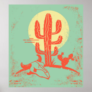 Póster Paisaje del desierto con Cactus y cráneo de vaca. 