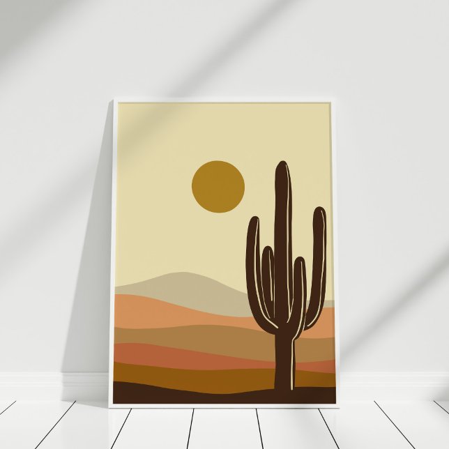 Póster Paisaje del desierto del Naranja Quemado de Boho (Boho Burnt Orange Desert Landscape Poster against white wall in white frame.)