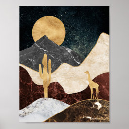 Póster Paisaje del Desierto Golden Giraffe y Montaña de M