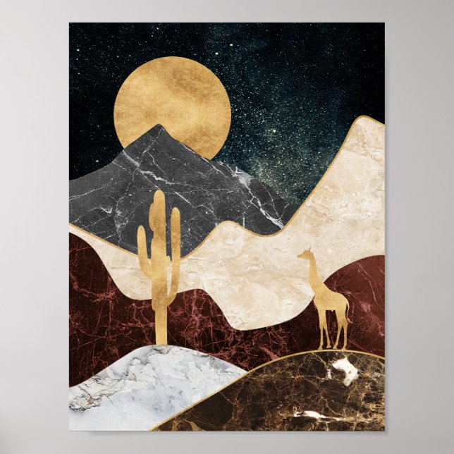 Póster Paisaje del Desierto Golden Giraffe y Montaña de M (Frente)