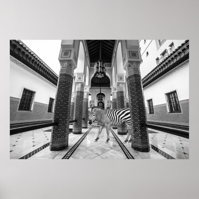 Póster Paisaje del edificio blanco negro de cebra (Frente)