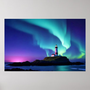 Póster Paisaje del faro Costa Océano Aurora Noche