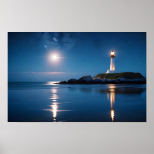 Póster Paisaje del faro Costa Océano tranquilo noche en e