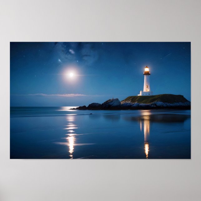 Póster Paisaje del faro Costa Océano tranquilo noche en e (Frente)