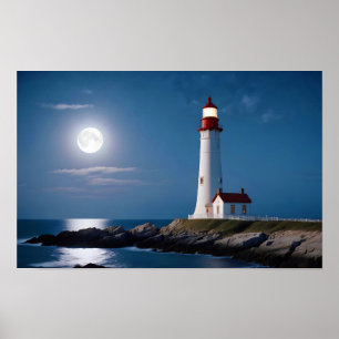 Póster Paisaje del faro Costa Océano tranquilo noche en e