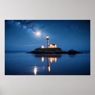 Póster Paisaje del faro Costa Océano tranquilo noche en e
