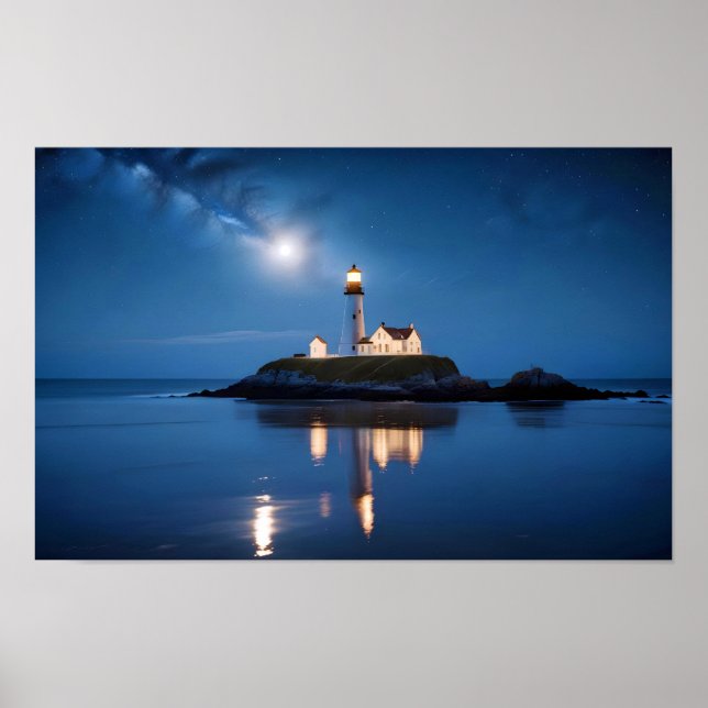Póster Paisaje del faro Costa Océano tranquilo noche en e (Frente)