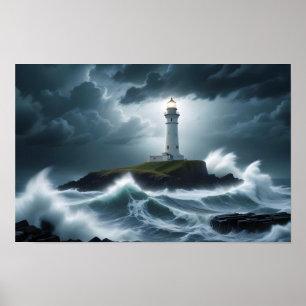 Póster Paisaje del faro Olas oceánicas costeras del mar n