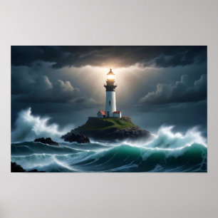 Póster Paisaje del faro Olas oceánicas costeras del mar n