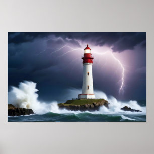 Póster Paisaje del faro Olas oceánicas costeras del mar n