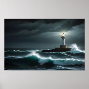 Póster Paisaje del faro Olas oceánicas costeras del mar n