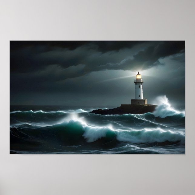 Póster Paisaje del faro Olas oceánicas costeras del mar n (Frente)