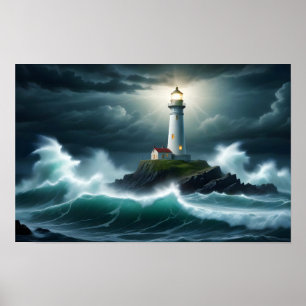 Póster Paisaje del faro Olas oceánicas costeras del mar n