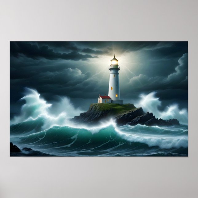 Póster Paisaje del faro Olas oceánicas costeras del mar n (Frente)