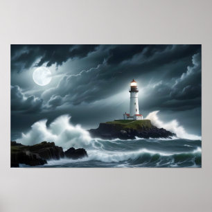 Póster Paisaje del faro Olas oceánicas costeras del mar n