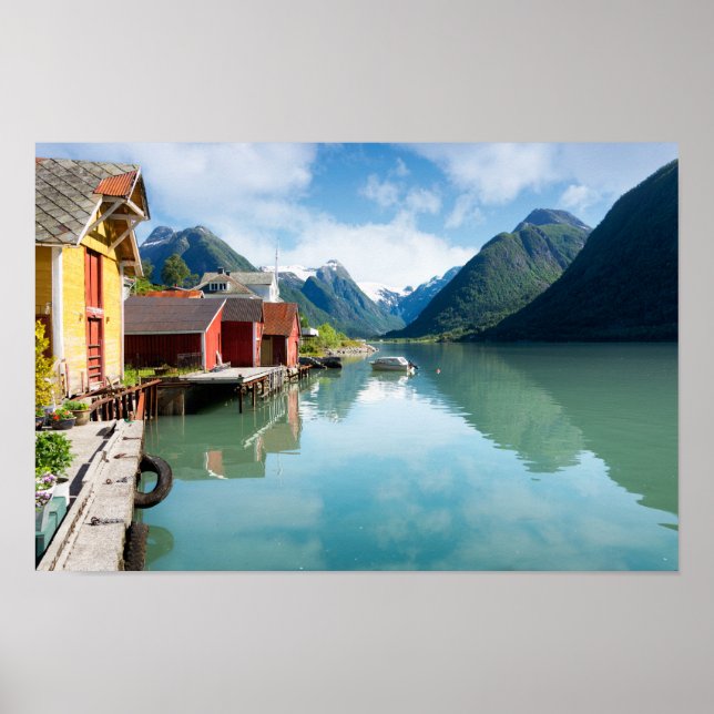 Póster Paisaje del fiordo de Fjaerlandsfjord en Noruega (Frente)