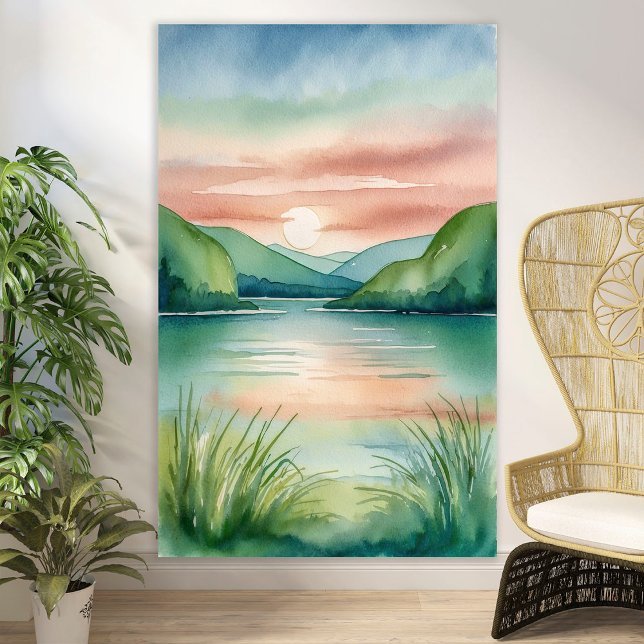 Póster Paisaje del lago acuático con montañas y puesta de (Subido por el creador)
