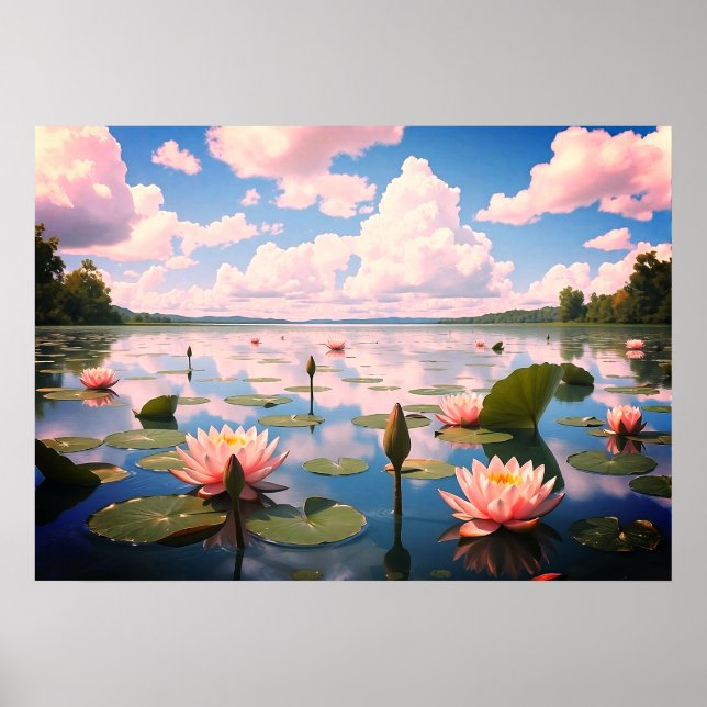Póster Paisaje del lago con flores de agua y nubes rosas  (Frente)