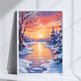 Póster Paisaje del río de invierno al atardecer Acuarela