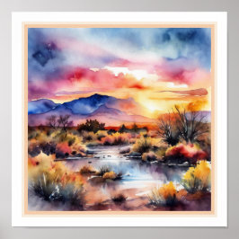 Póster Paisaje del Sunrise Watercolorear del Desierto del