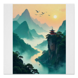 Póster Paisaje del Templo de la Montaña Misty - Serene As