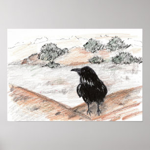 Póster Paisaje Desértico Pájaro Cuervo Rocas Rojas Natura