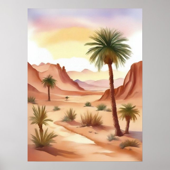 Póster Paisaje desierto con palmas de fecha (Frente)