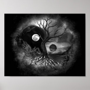 Póster Paisaje en blanco y negro del árbol Yin Yang