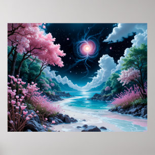 Póster Paisaje Encantador Con Flor de Cerezo