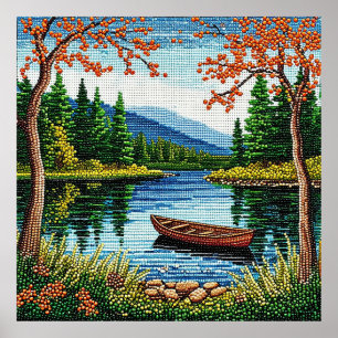 Póster Paisaje escénico de lago con una barca de madera