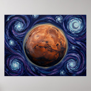 Póster Paisaje espacial de la noche estrellada de Marte