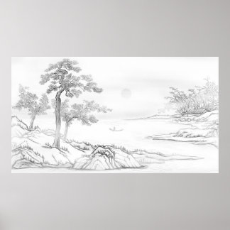 Póster Paisaje estilo chino dibujado a mano