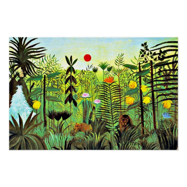 Póster Paisaje exótico con león y leona, (Anverso)