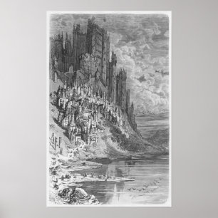 Póster Paisaje fantástico con ciudad y castillo