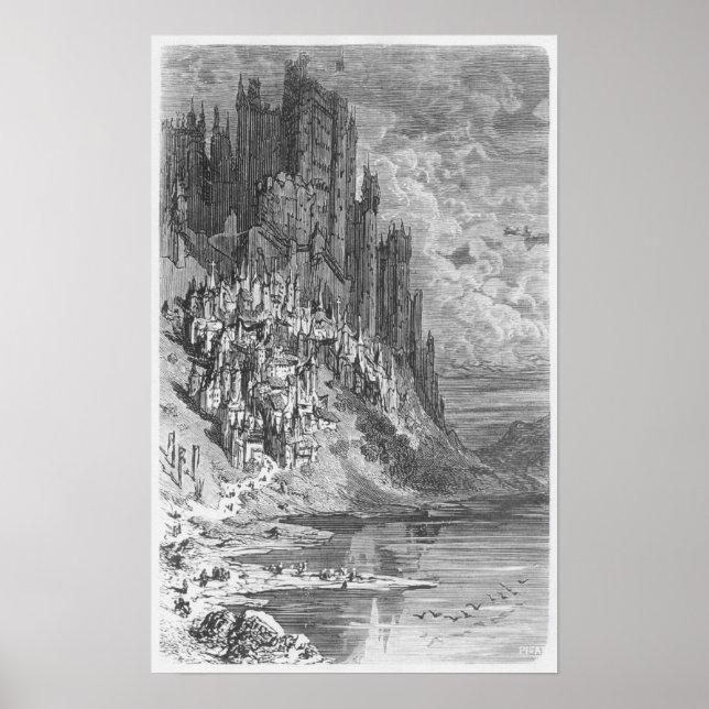 Póster Paisaje fantástico con ciudad y castillo (Frente)