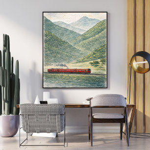 Póster Paisaje ferroviario montañoso tren por el campo