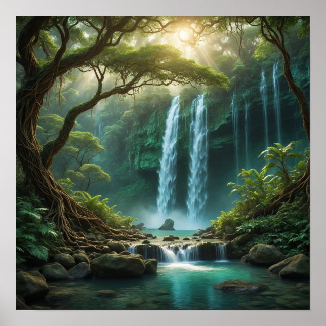Póster Paisaje forestal con cascada (Frente)