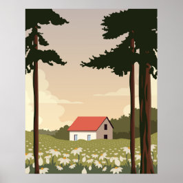 Póster Paisaje forestal de poster mural, casa en el bosqu