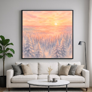 Póster Paisaje forestal invernal al atardecer - Estilo ac