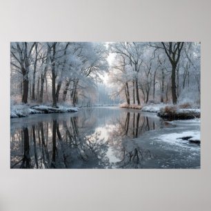 Póster Paisaje forestal invernal con un río tranquilo