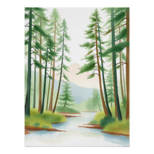 Póster Paisaje forestal sereno en acuarela