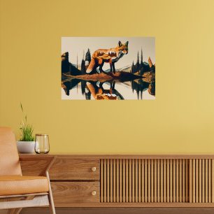 Póster Paisaje forestal zorro rojo abstracto AI naturalez