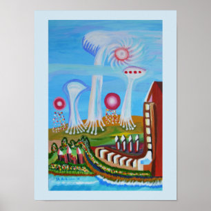 Póster Paisaje futurista con ovnis