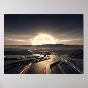 Póster Paisaje futurista de energía solar al anochecer