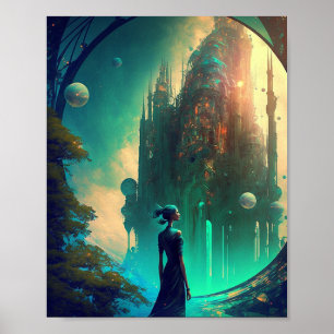 Póster Paisaje Futurista del Castillo de Fantasía