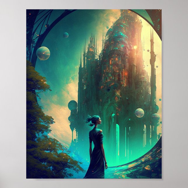 Póster Paisaje Futurista del Castillo de Fantasía (Frente)